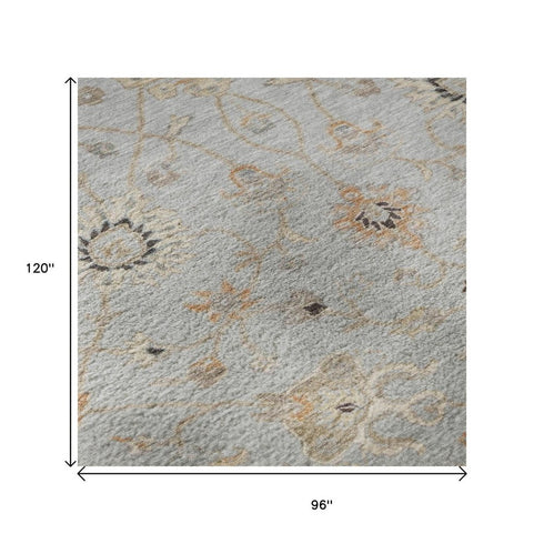 8' X 10' Gray Copper And Silver Floral Washable Area Rug With UV Protection