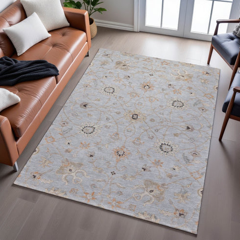 8' X 10' Gray Copper And Silver Floral Washable Area Rug With UV Protection