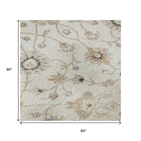 5' X 8' Ivory Copper And Gray Floral Washable Area Rug With UV Protection