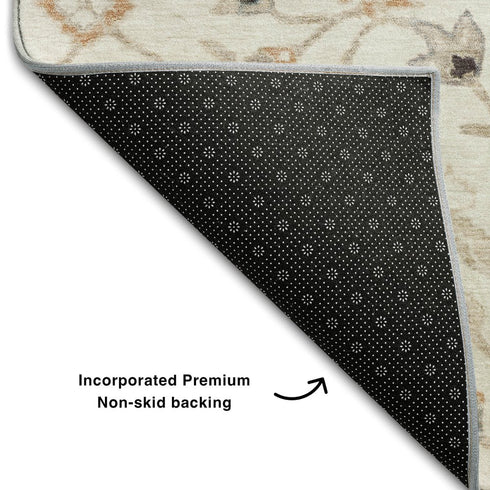 5' X 8' Ivory Copper And Gray Floral Washable Area Rug With UV Protection