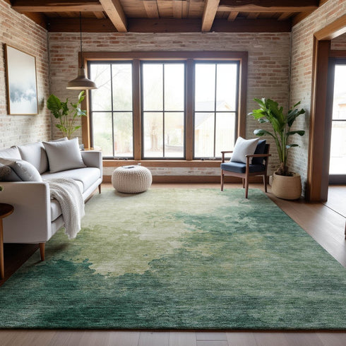 8' X 10' Green And Beige Abstract Washable Area Rug With UV Protection