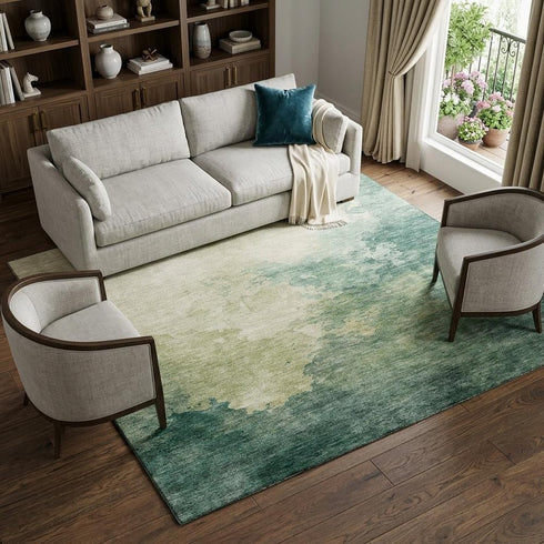 8' X 10' Green And Beige Abstract Washable Area Rug With UV Protection