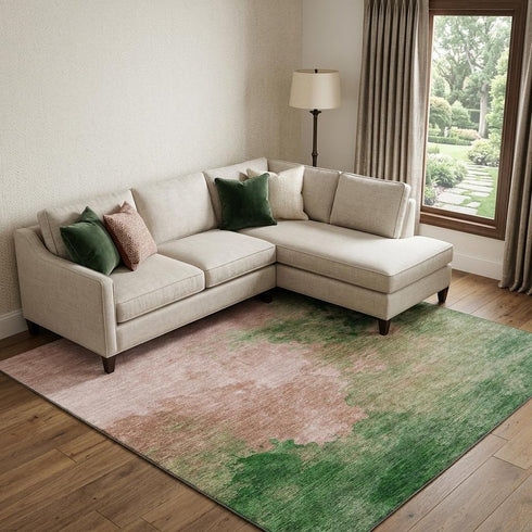 8' X 10' Pink And Emerald Abstract Washable Area Rug With UV Protection