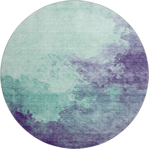 8' Aqua And Purple Abstract Washable Round Rug With UV Protection