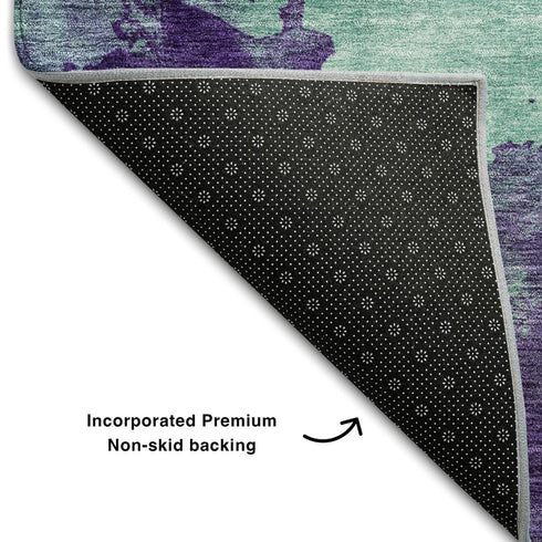 8' Aqua And Purple Abstract Washable Round Rug With UV Protection