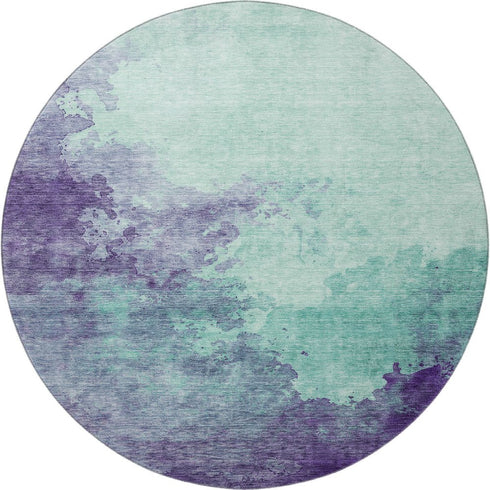 8' Aqua And Purple Abstract Washable Round Rug With UV Protection