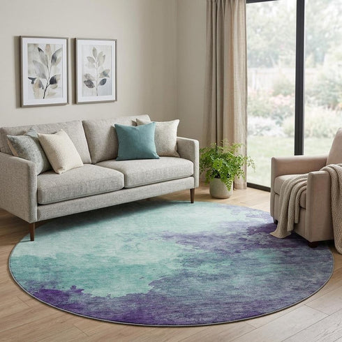 8' Aqua And Purple Abstract Washable Round Rug With UV Protection