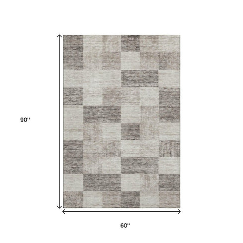 5' X 8' Beige And Taupe Geometric Washable Area Rug With UV Protection