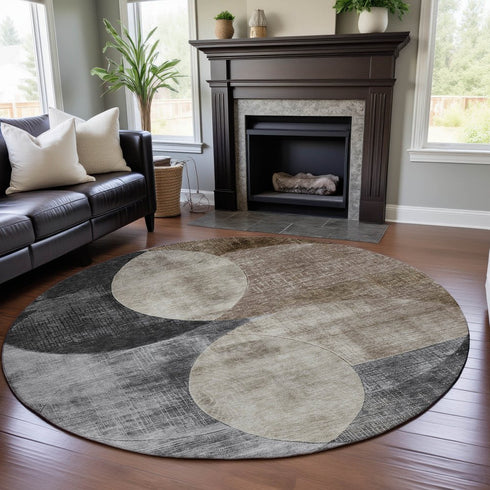 8' Pewter Brown And Beige Geometric Washable Round Rug With UV Protection
