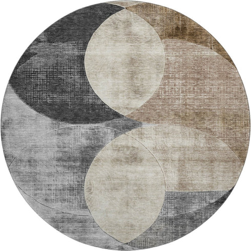 8' Pewter Brown And Beige Geometric Washable Round Rug With UV Protection
