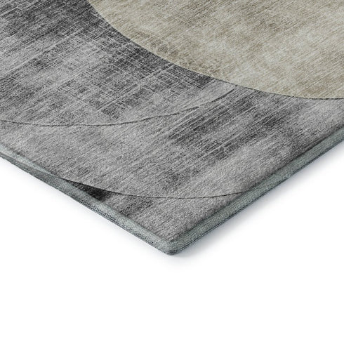 8' Pewter Brown And Beige Geometric Washable Round Rug With UV Protection