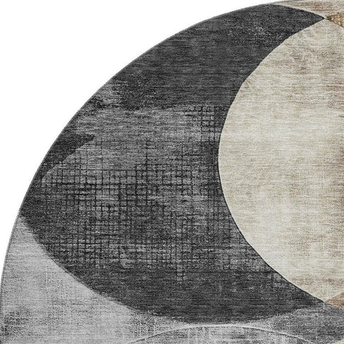 8' Pewter Brown And Beige Geometric Washable Round Rug With UV Protection