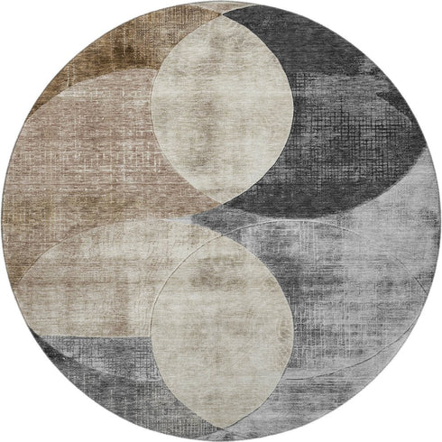 8' Pewter Brown And Beige Geometric Washable Round Rug With UV Protection