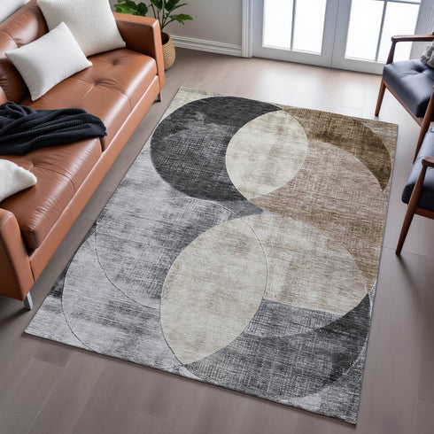 8' X 10' Pewter Brown And Beige Geometric Washable Area Rug With UV Protection