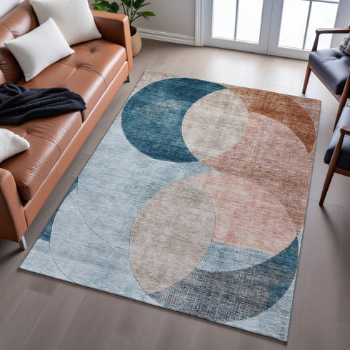 8' X 10' Rust Teal And Beige Geometric Washable Area Rug With UV Protection