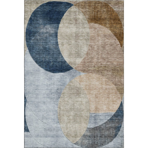 5' X 8' Sky Blue Brown And Beige Geometric Washable Area Rug With UV Protection