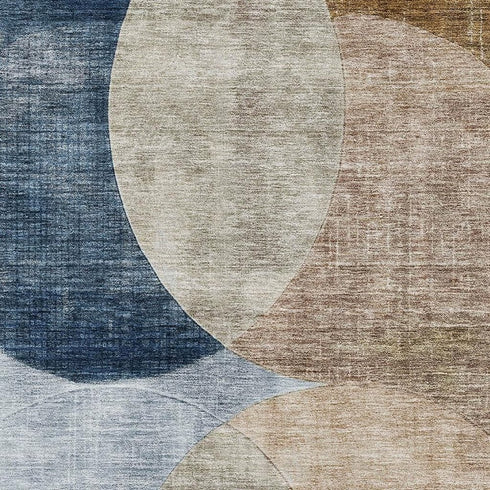 5' X 8' Sky Blue Brown And Beige Geometric Washable Area Rug With UV Protection