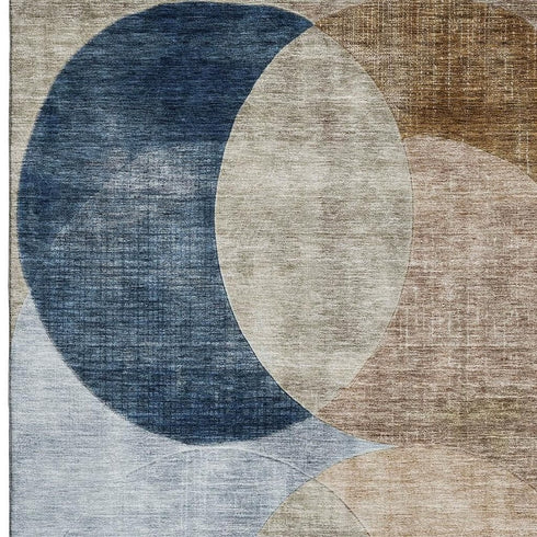 5' X 8' Sky Blue Brown And Beige Geometric Washable Area Rug With UV Protection