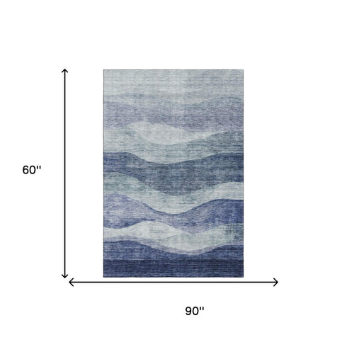 5' X 8' Blue And Sky Blue Abstract Washable Area Rug With UV Protection