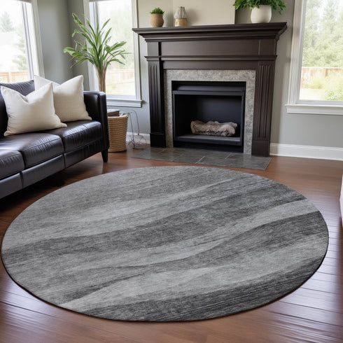 8' Gray And Silver Abstract Washable Round Rug With UV Protection