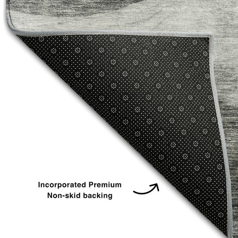 8' Gray And Silver Abstract Washable Round Rug With UV Protection