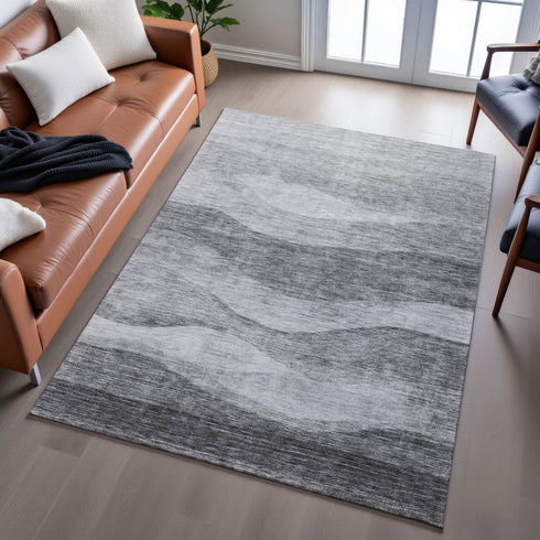 8' X 10' Gray And Silver Abstract Washable Area Rug With UV Protection