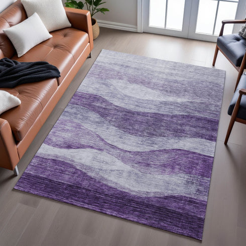 8' X 10' Lavender And Lilac Abstract Washable Area Rug With UV Protection