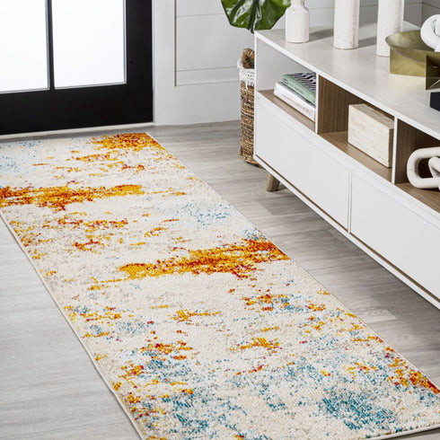 8' Blue Off White And Orange Abstract Runner Rug