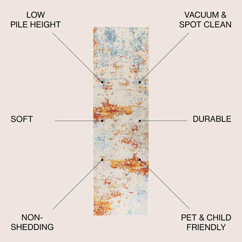 8' Blue Off White And Orange Abstract Runner Rug