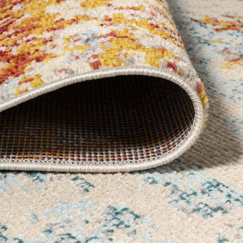 8' Blue Off White And Orange Abstract Runner Rug