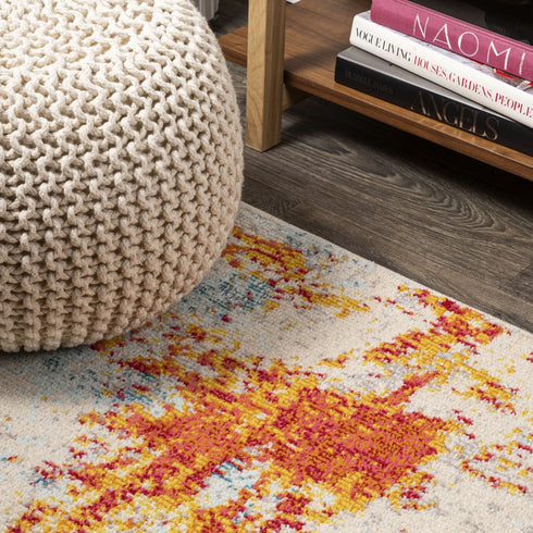 8' Blue Off White And Orange Abstract Runner Rug