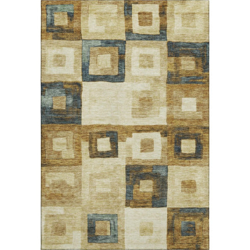 5' X 8' Beige Teal And Gold Geometric Washable Area Rug With UV Protection