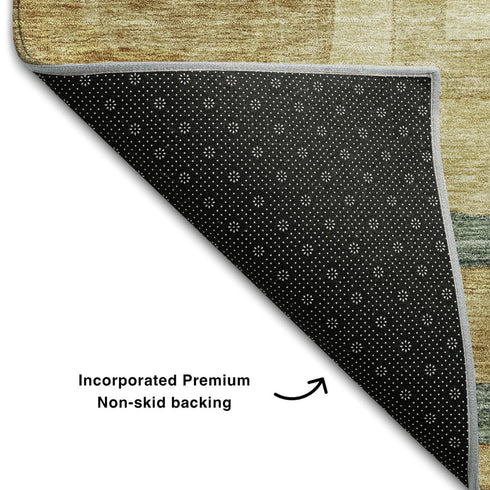 5' X 8' Beige Teal And Gold Geometric Washable Area Rug With UV Protection