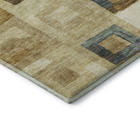 5' X 8' Beige Teal And Gold Geometric Washable Area Rug With UV Protection