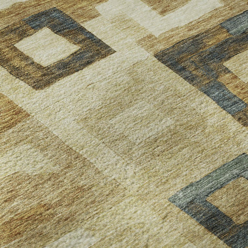 5' X 8' Beige Teal And Gold Geometric Washable Area Rug With UV Protection