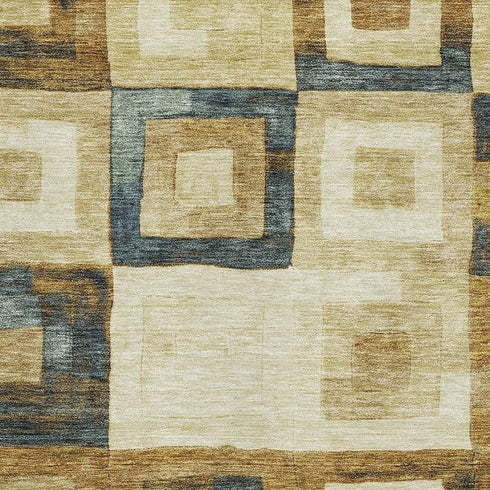 5' X 8' Beige Teal And Gold Geometric Washable Area Rug With UV Protection
