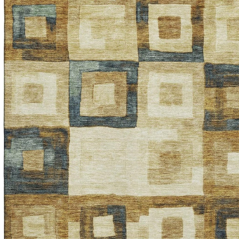 5' X 8' Beige Teal And Gold Geometric Washable Area Rug With UV Protection