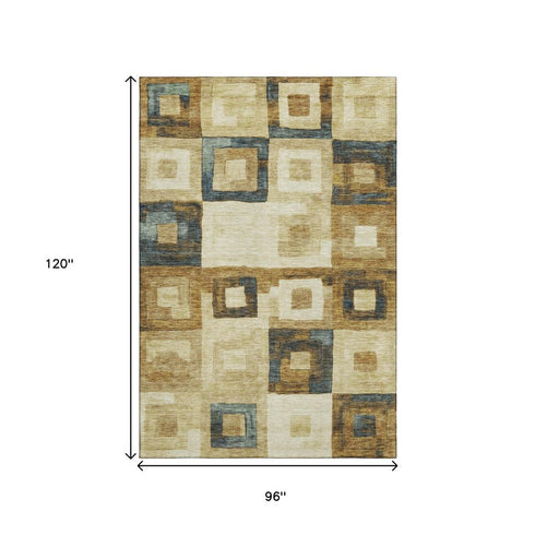 8' X 10' Beige Teal And Gold Geometric Washable Area Rug With UV Protection