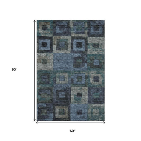 5' X 8' Blue And Green Geometric Washable Area Rug With UV Protection