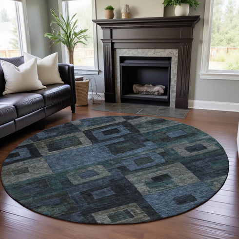 8' Blue And Green Geometric Washable Round Rug With UV Protection