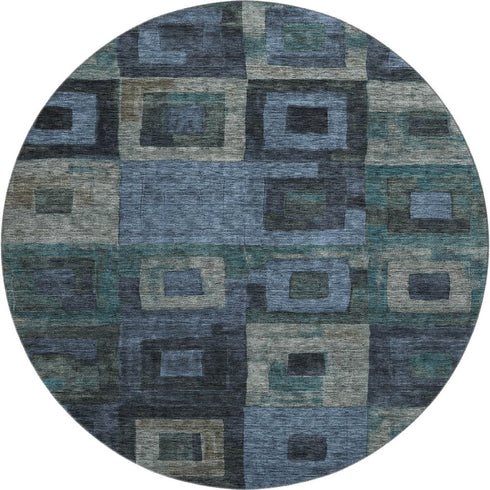 8' Blue And Green Geometric Washable Round Rug With UV Protection