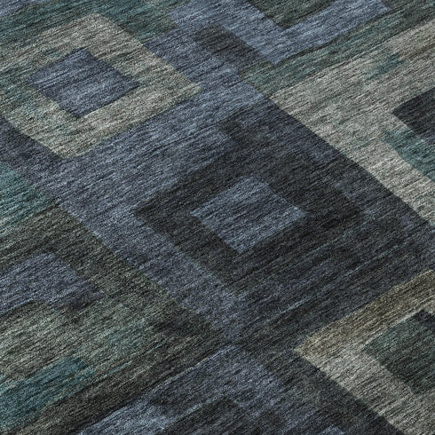 8' Blue And Green Geometric Washable Round Rug With UV Protection