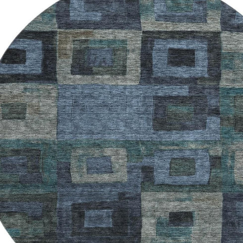 8' Blue And Green Geometric Washable Round Rug With UV Protection