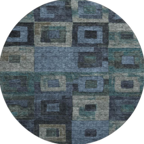 8' Blue And Green Geometric Washable Round Rug With UV Protection