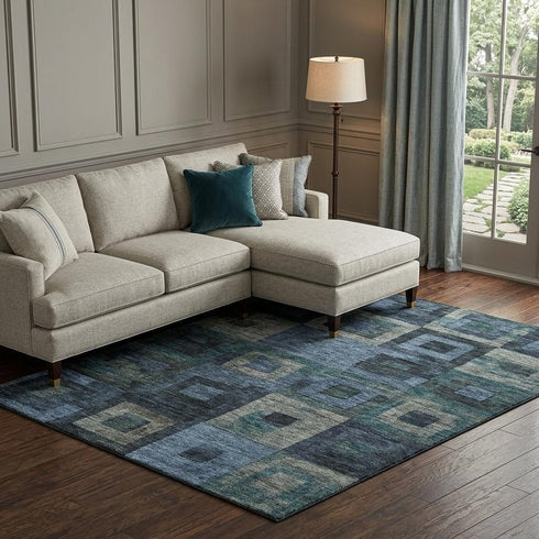 8' X 10' Blue And Green Geometric Washable Area Rug With UV Protection