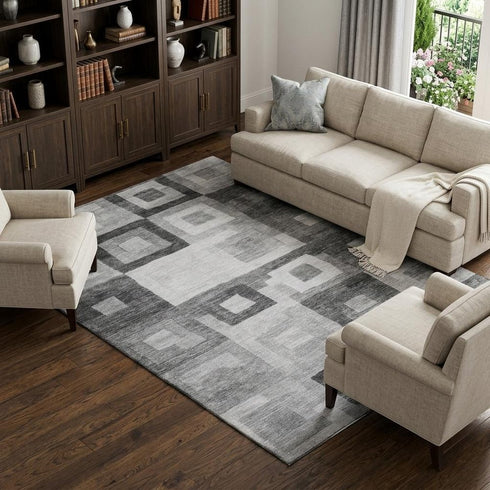 9' X 12' Gray And Silver Geometric Washable Area Rug With UV Protection