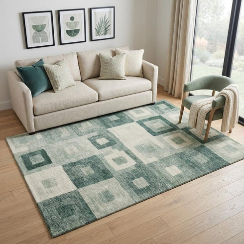 5' X 8' Green And Ivory Geometric Washable Area Rug With UV Protection