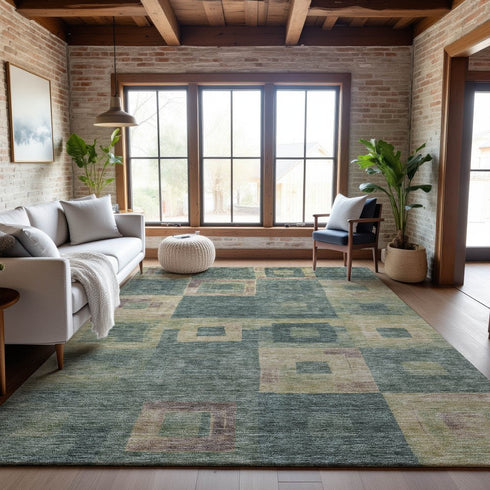 8' X 10' Sage Beige And Taupe Geometric Washable Area Rug With UV Protection