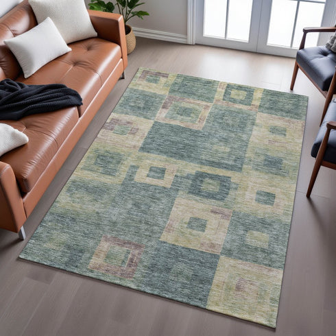 8' X 10' Sage Beige And Taupe Geometric Washable Area Rug With UV Protection