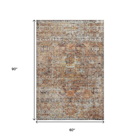 5' X 8' Coral Gray And Silver Floral Medallion Washable Area Rug With UV Protection